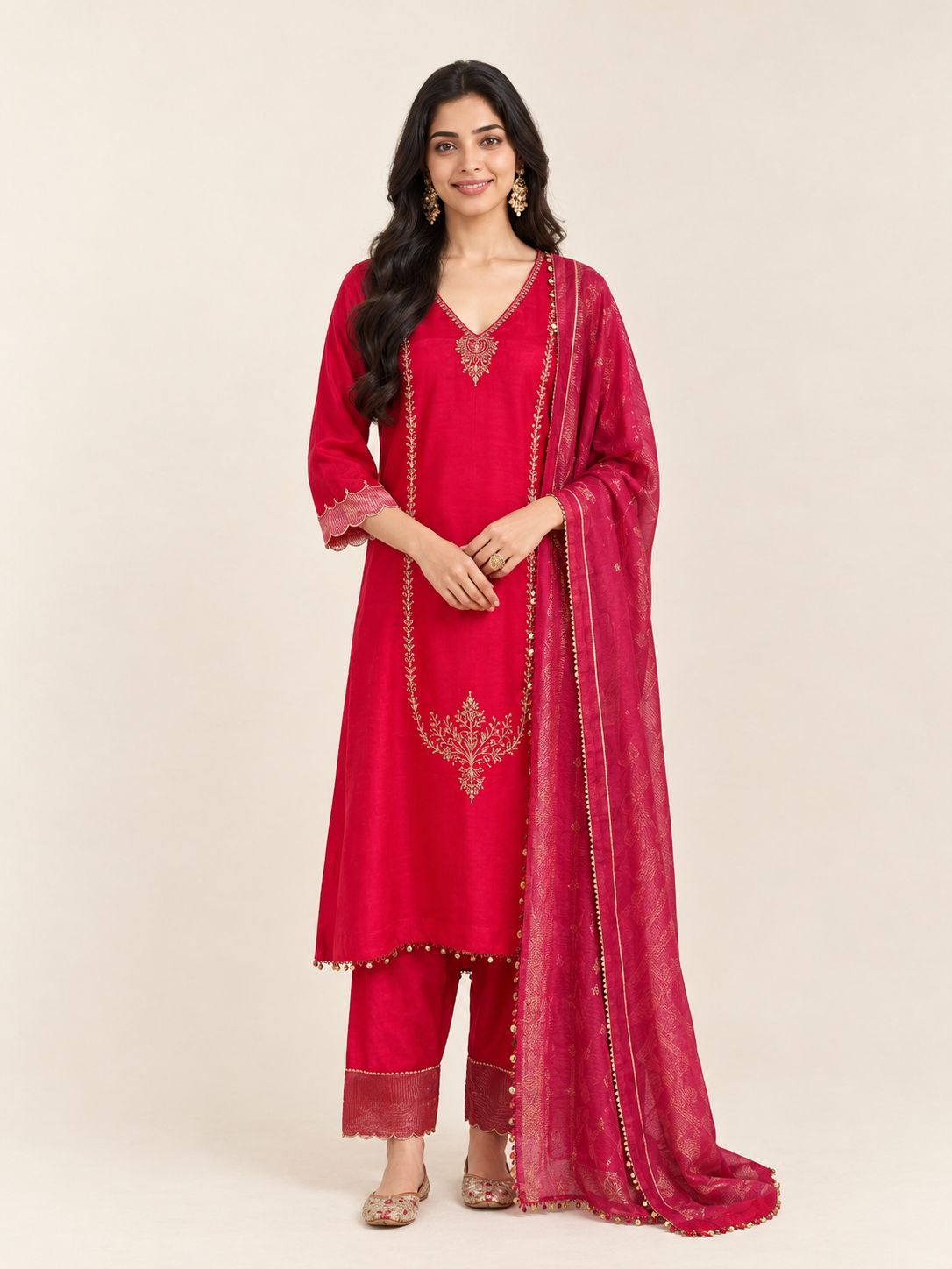 A woman modeling a traditional Indian salwar kameez suit in a vibrant magenta pink color with gold embroidery, paired with a matching sheer dupatta, set against a plain beige studio background.