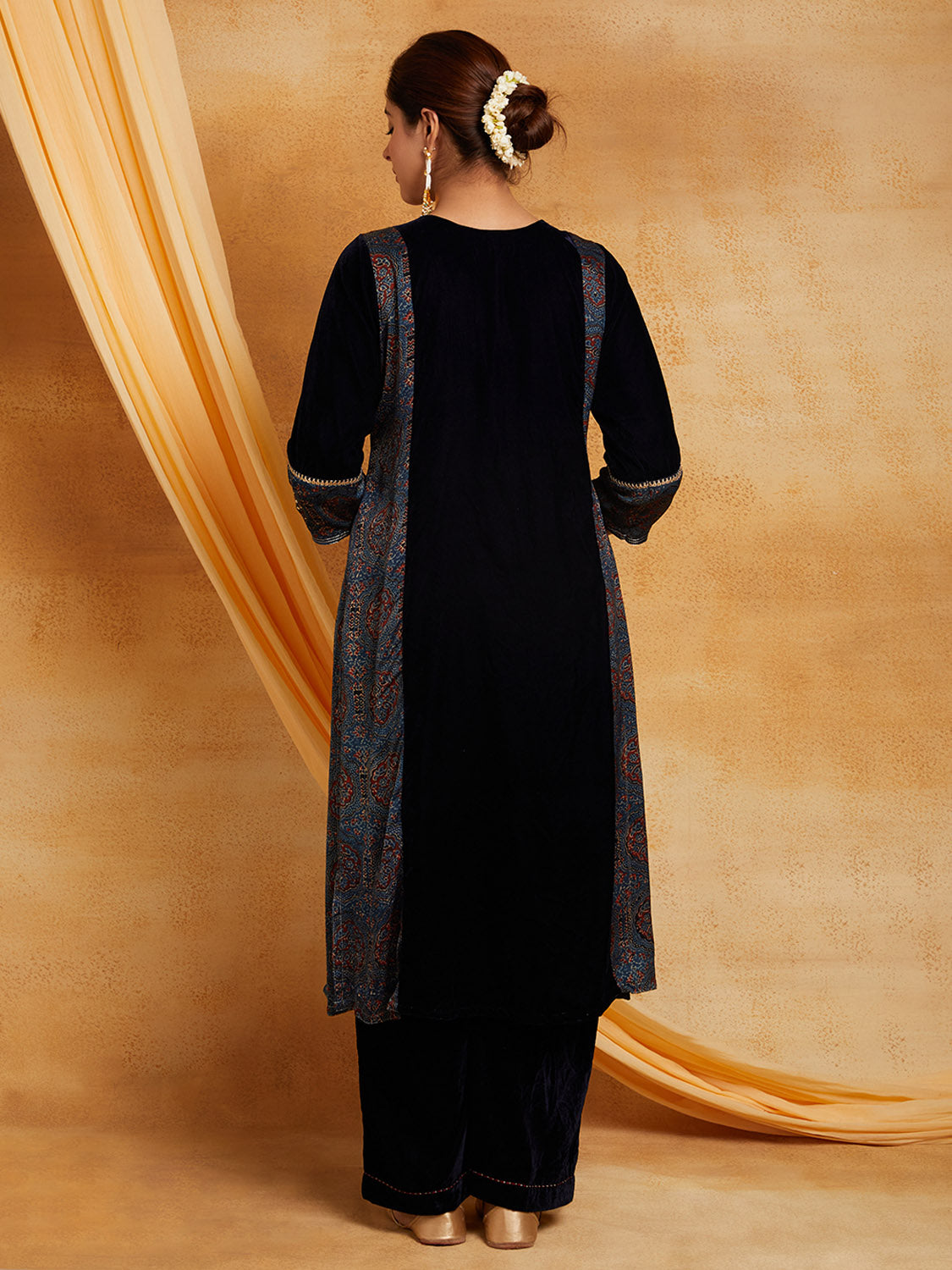 Dark Blue Velvet Ajrakh Applique Kurta And Pant-Set of 2