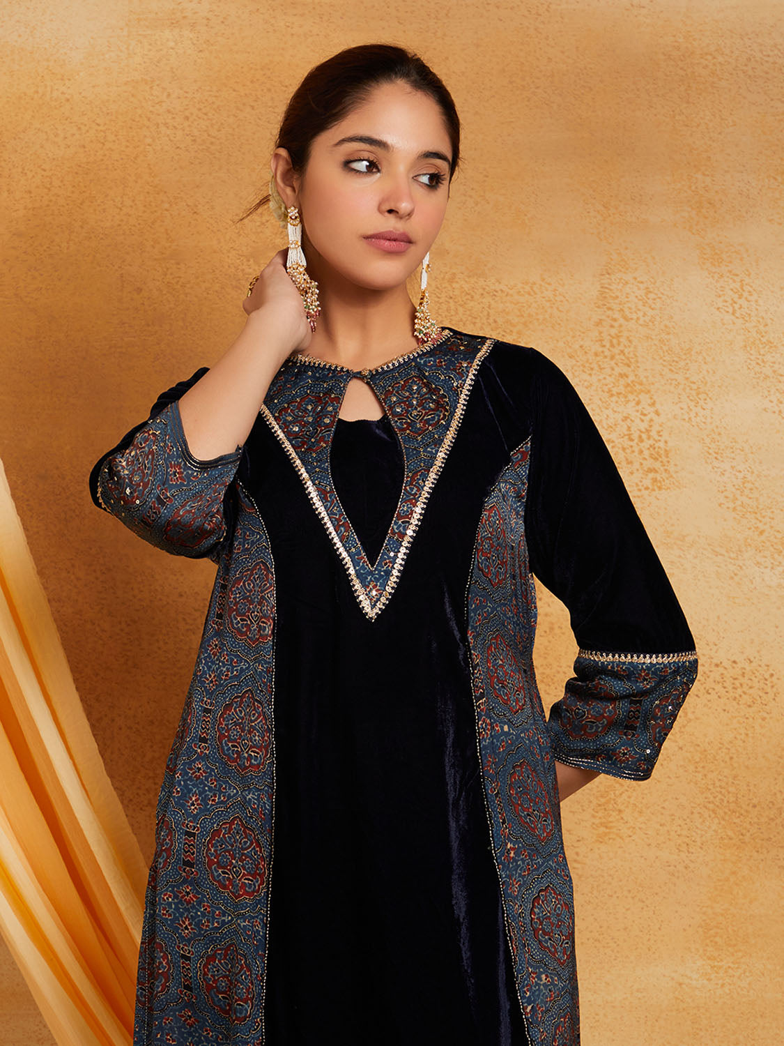 Dark Blue Velvet Ajrakh Applique Kurta And Pant-Set of 2