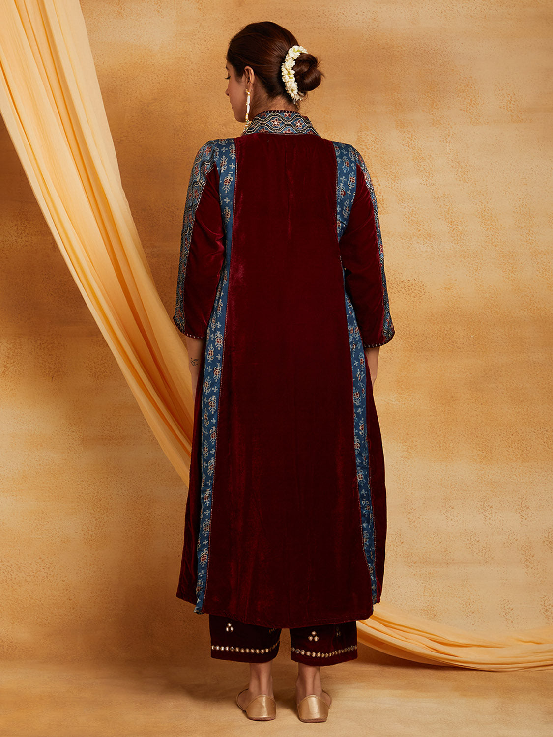 Maroon Velvet Ajrakh Applique Golden Embroidered Kurta And Pant-Set of 2