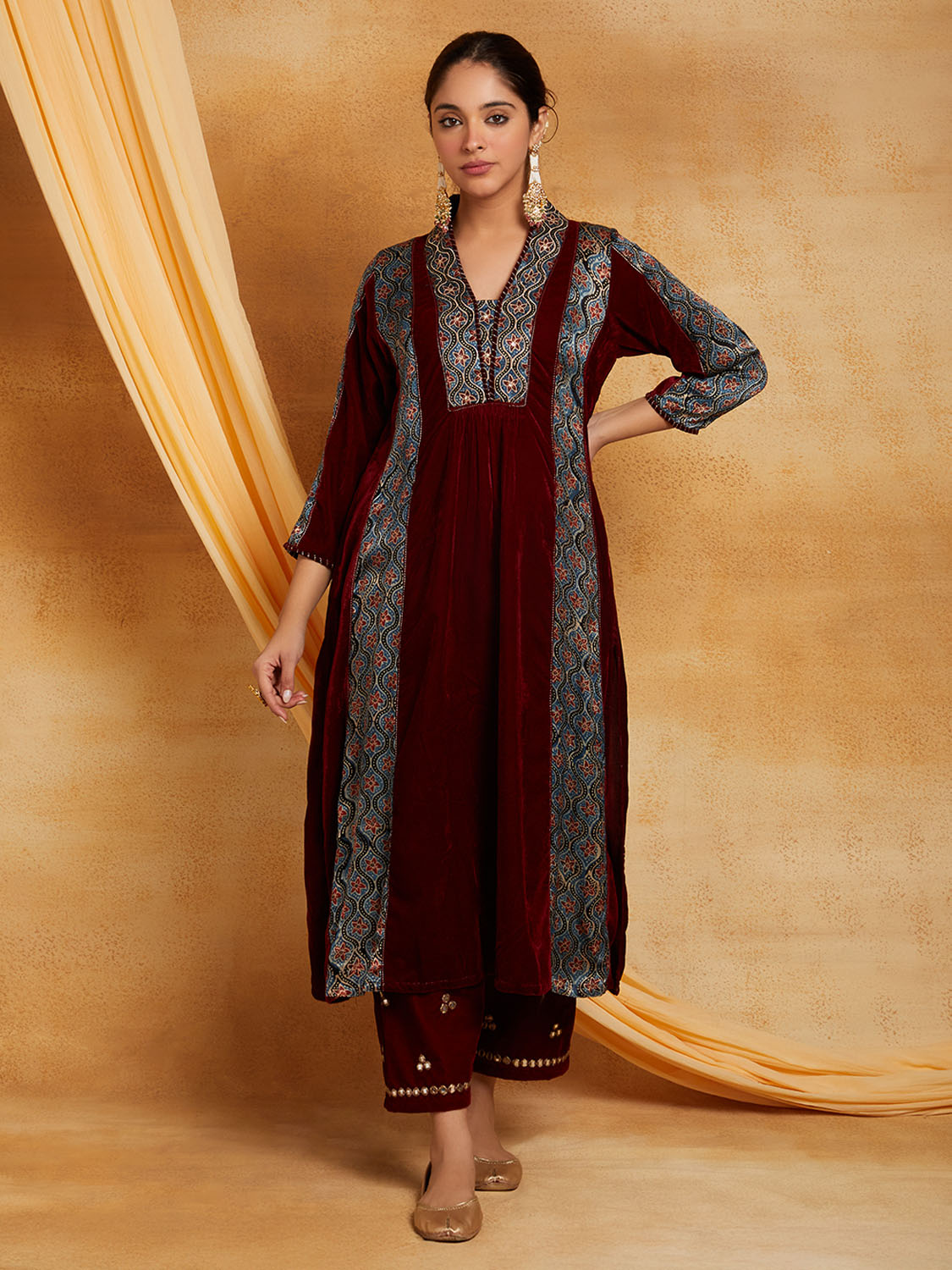 Maroon Velvet Ajrakh Applique Golden Embroidered Kurta And Pant-Set of 2
