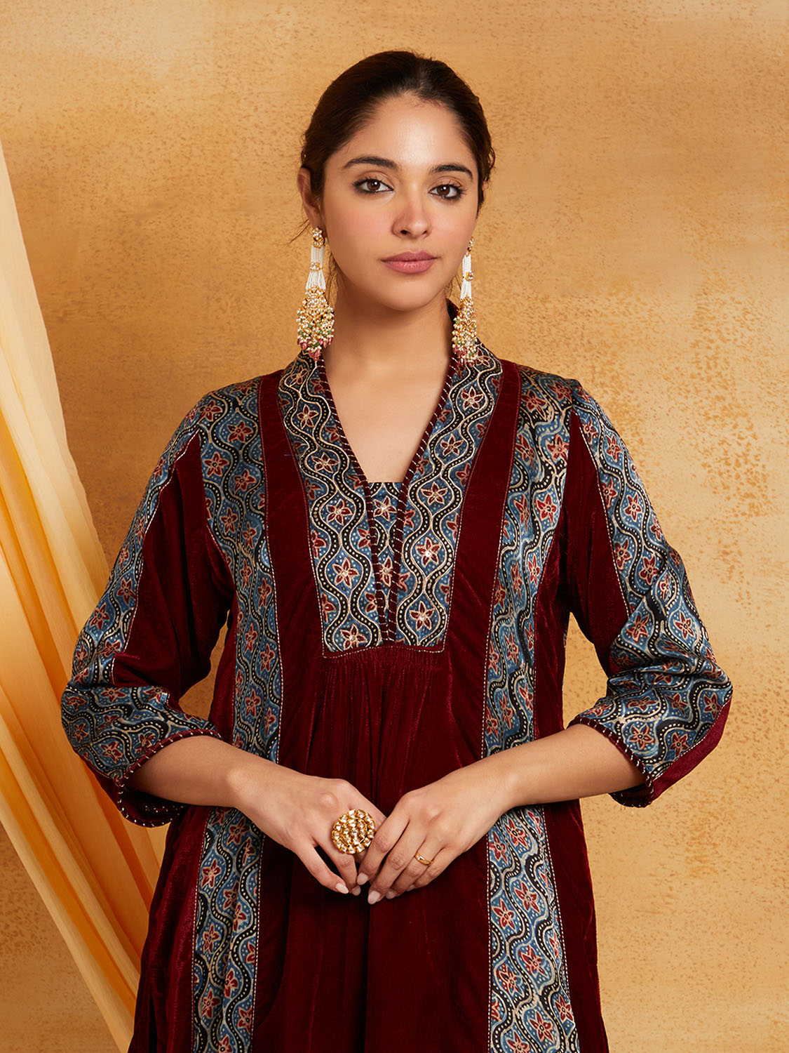 Maroon Velvet Ajrakh Applique Golden Embroidered Kurta And Pant-Set of 2