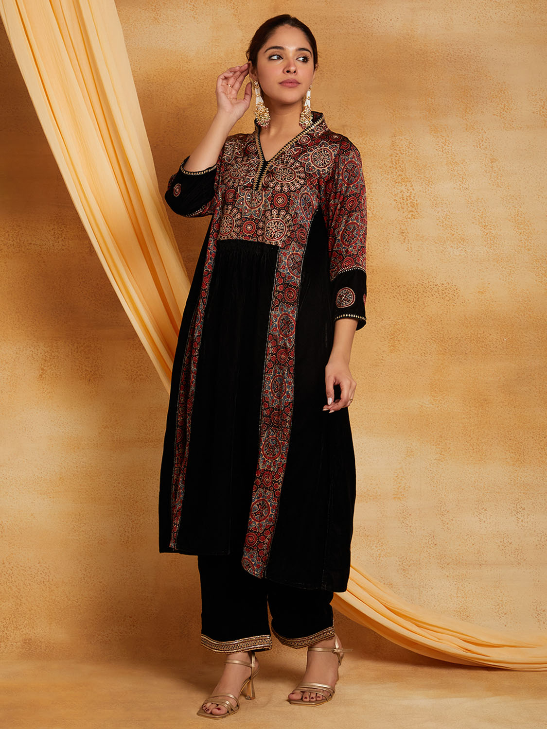 Black Velvet Ajrakh Patched Modal Silk Kurta And Pant