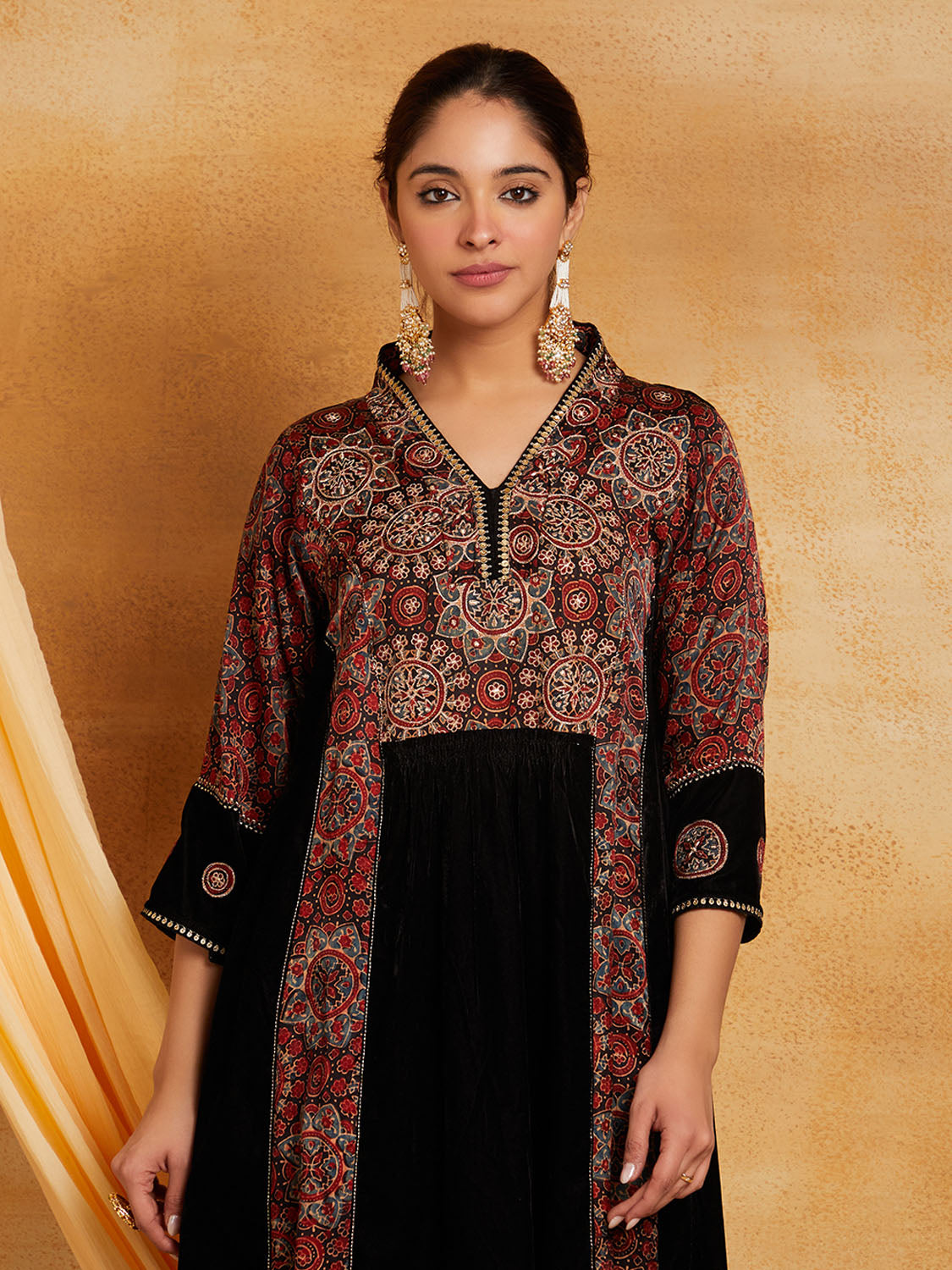 Black Velvet Ajrakh Patched Modal Silk Kurta And Pant