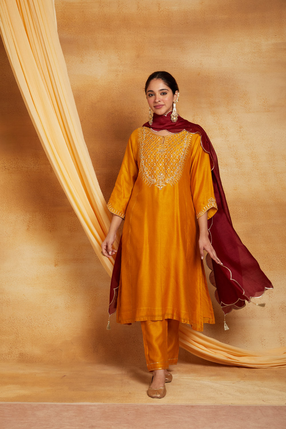 Mustard Chanderi Golden Embroidered Suit Set