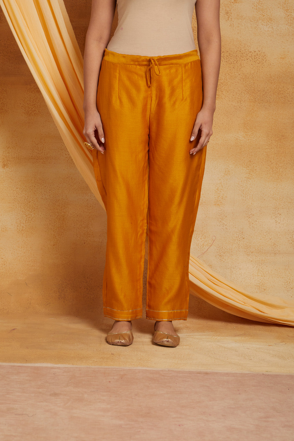 Mustard Chanderi Golden Embroidered Suit Set