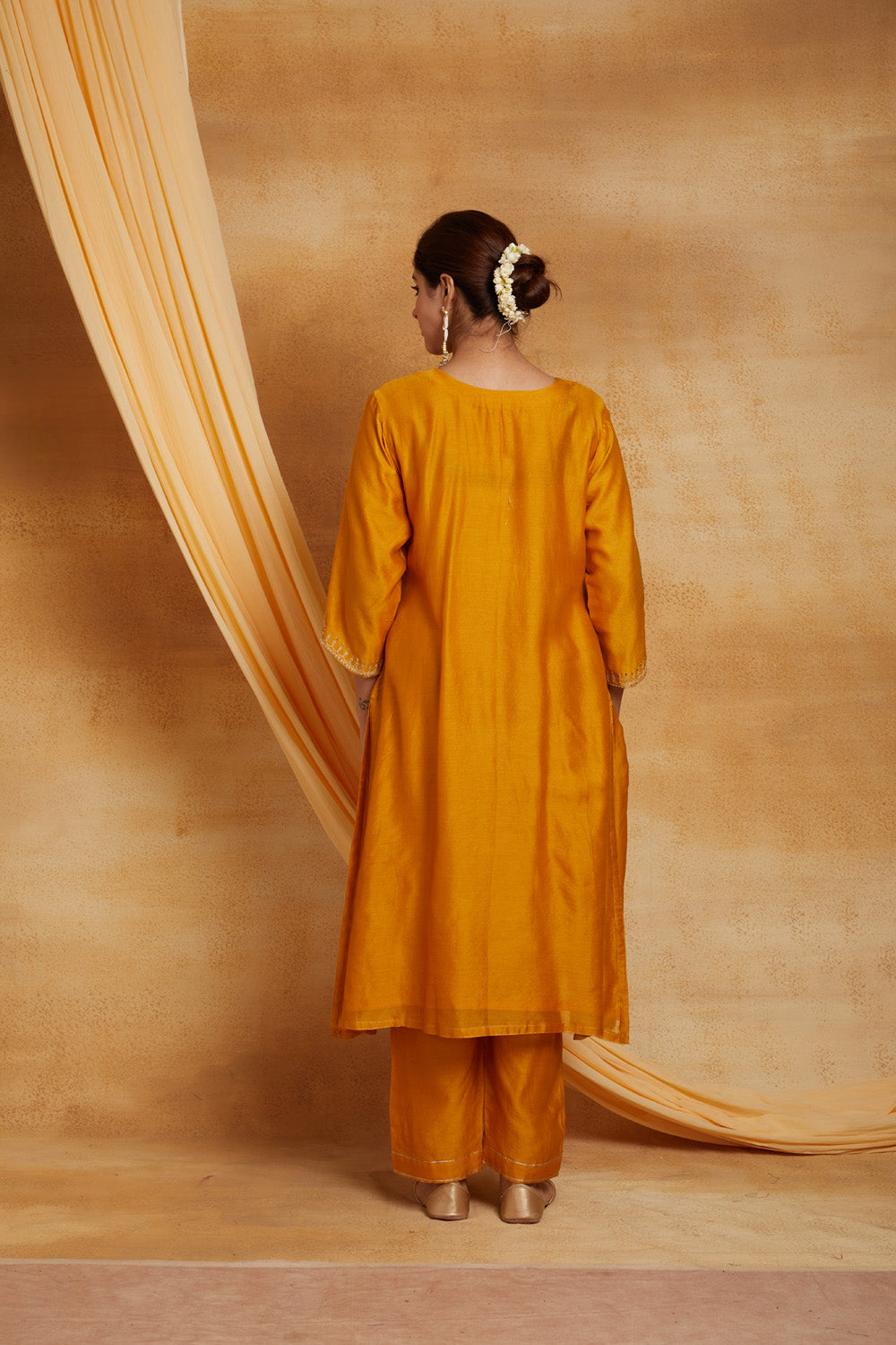Mustard Chanderi Golden Embroidered Suit Set