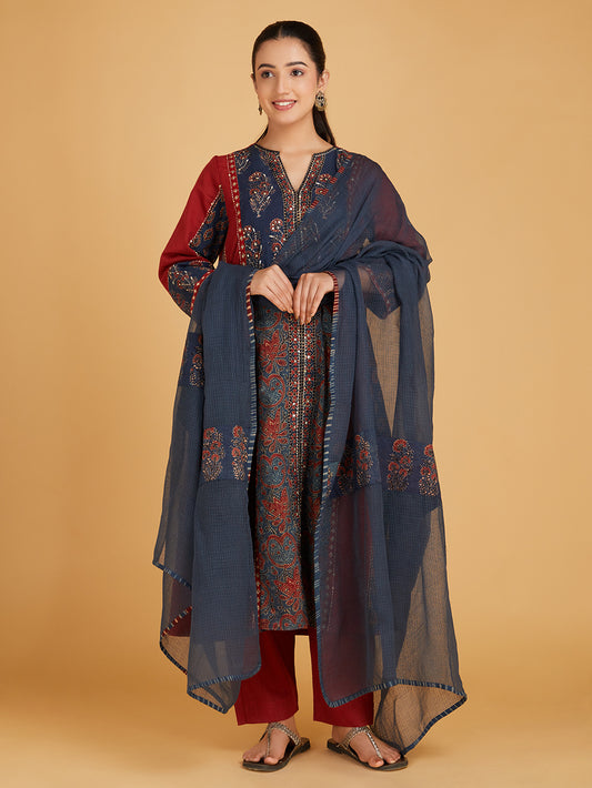 Maroon Ajrakh Hand Block Printed Cotton Suit Set