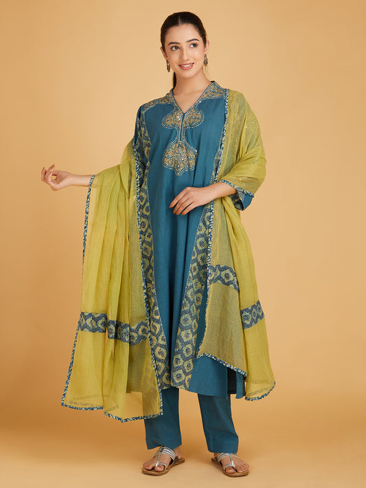 Blue Ajrakh Hand Block Printed Cotton Suit Set