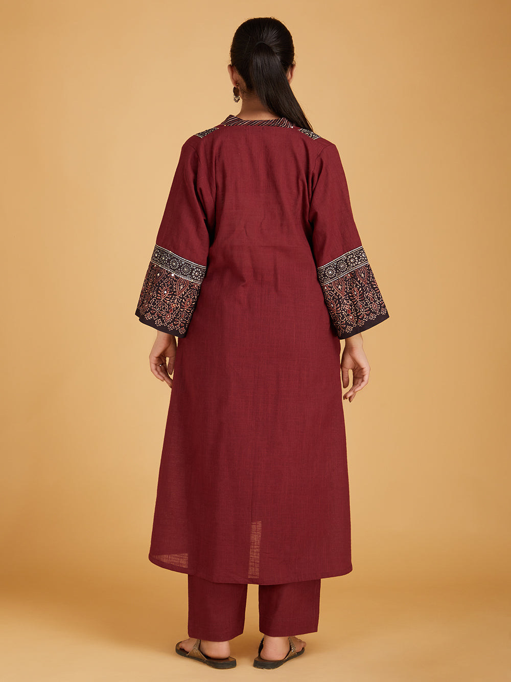 Maroon Ajrakh Hand Block Printed Cotton Slub Kurta with Pants- Set of 2