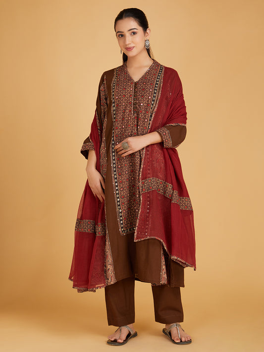 Brown Ajrakh Hand Block Printed Cotton Suit Set