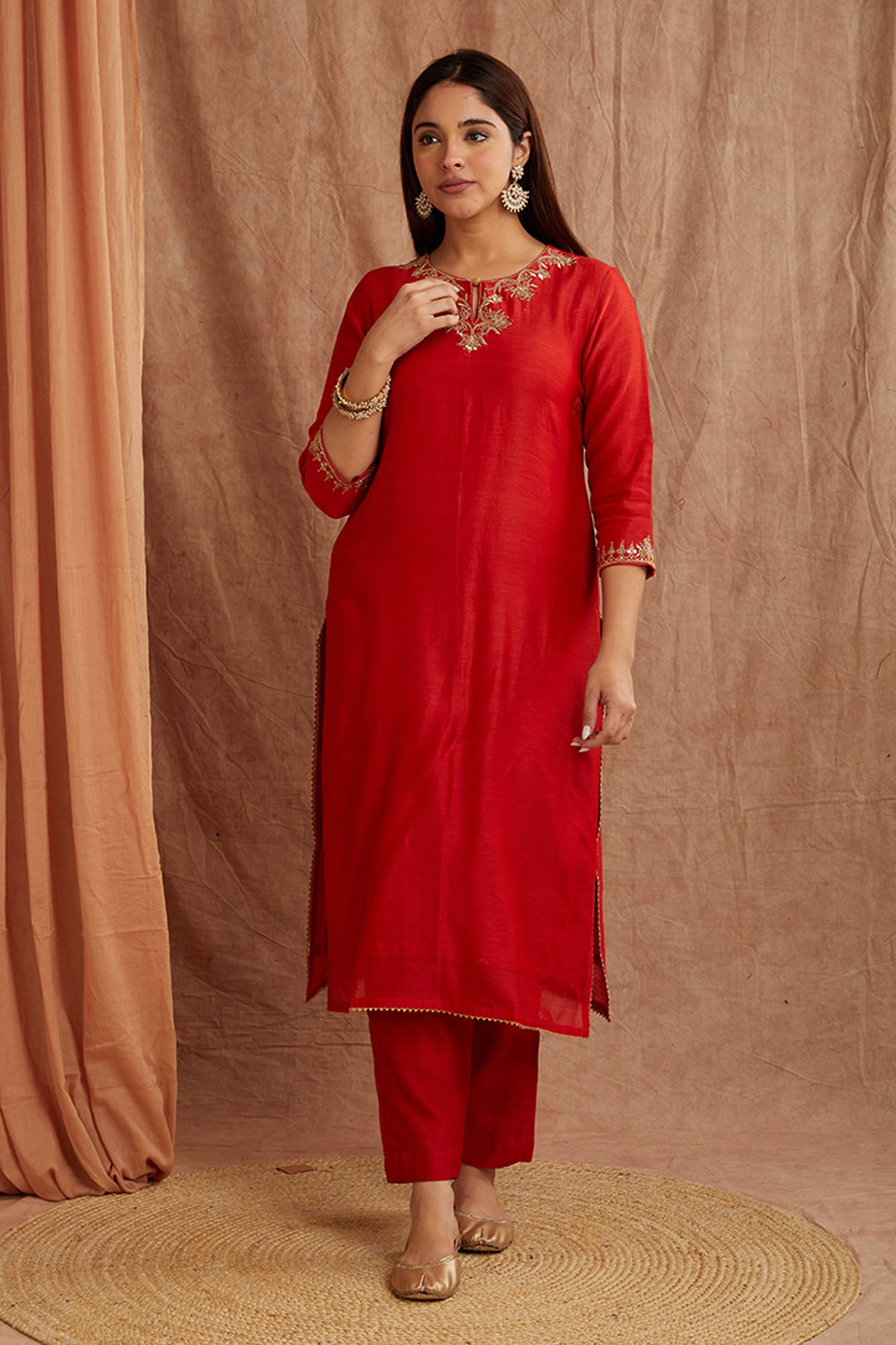 Crimpson Red Chanderi Silk Suitset