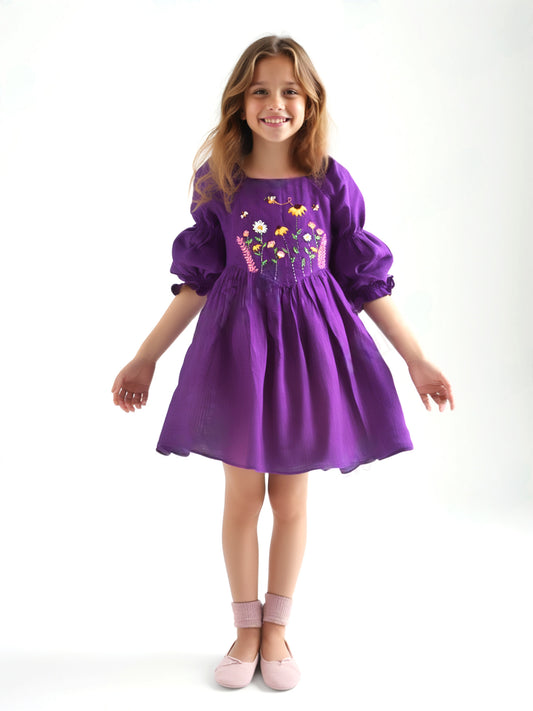 Purple Cotton slub Floral Embroidered Dress