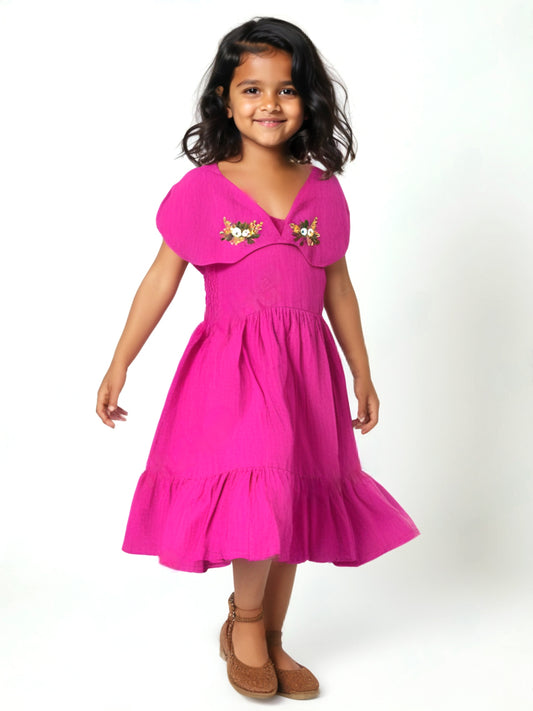 Pink Cotton Slub Hand Embroidered Dress