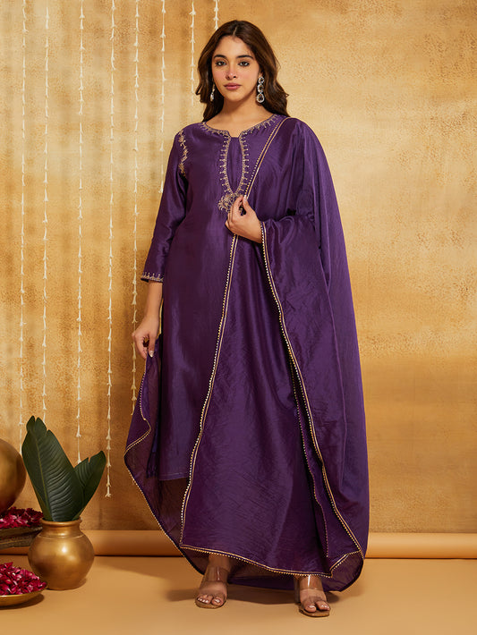 Purple Embroidered Chanderi Silk Suit- Set of 3
