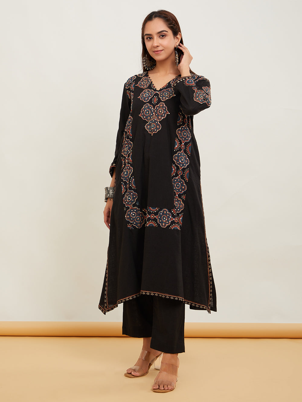 Black Ajrakh Patch Work Cotton Kurta with Pants- Set of 2