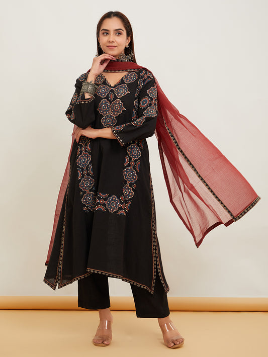 Black Ajrakh Patch Work Cotton Suit- Set of 3