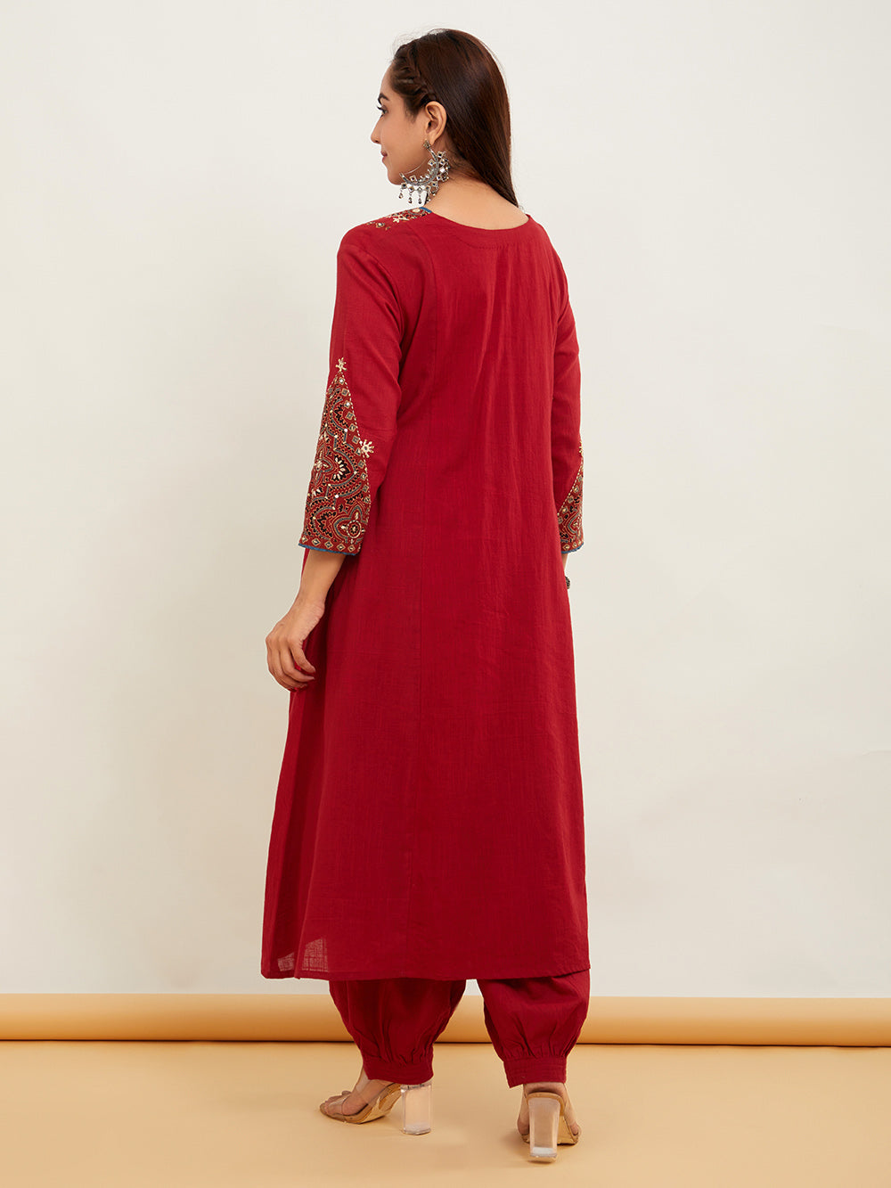 Red Cotton Slub Ajrakh Applique Suitset