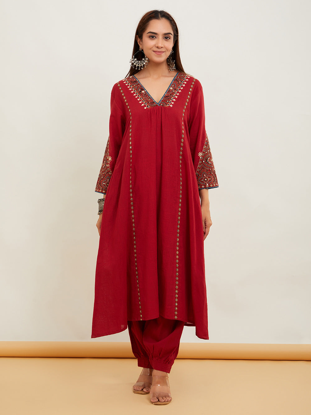 Red Cotton Slub Ajrakh Applique Suitset