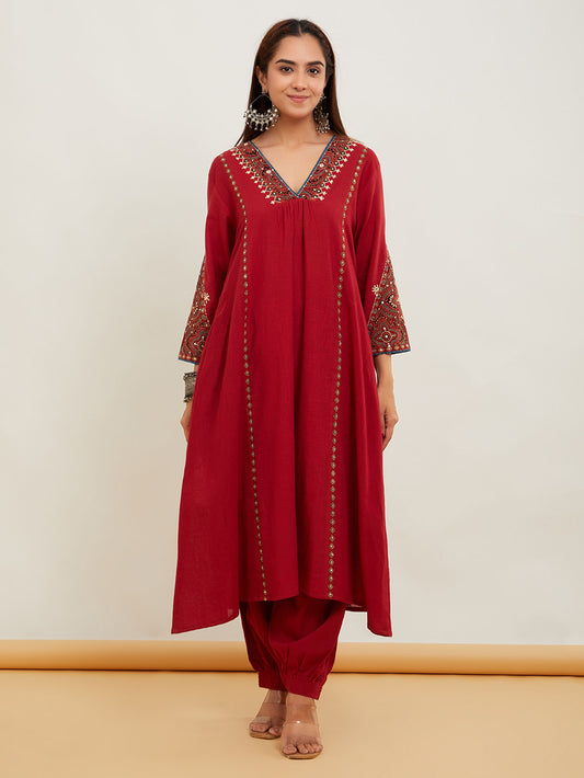 Red Cotton Slub Ajrakh Applique Kurta Pant - Set of 2
