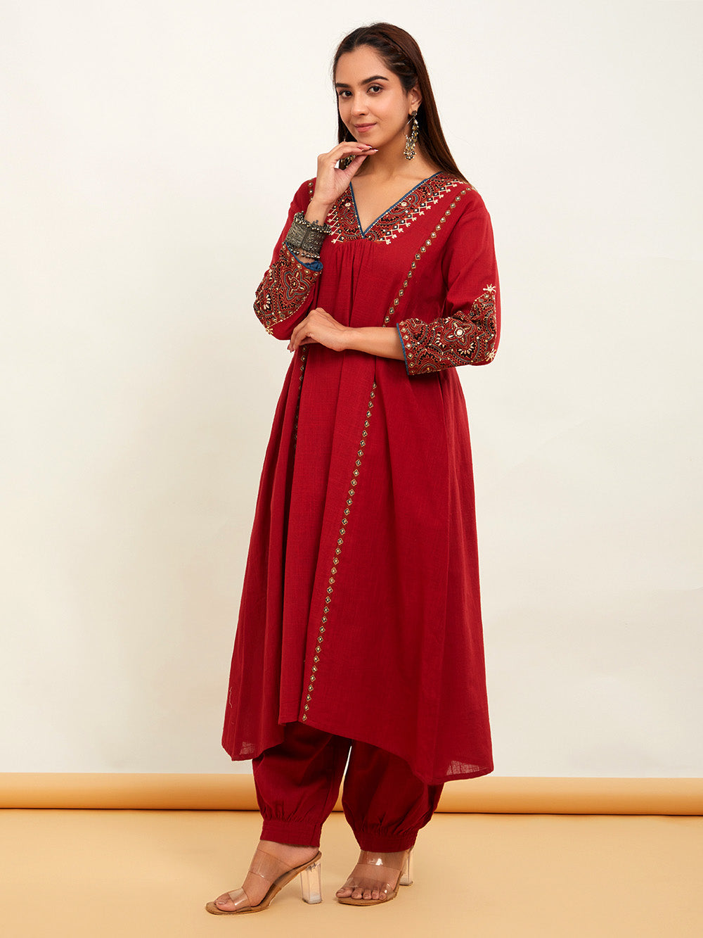 Red Cotton Slub Ajrakh Applique Suitset