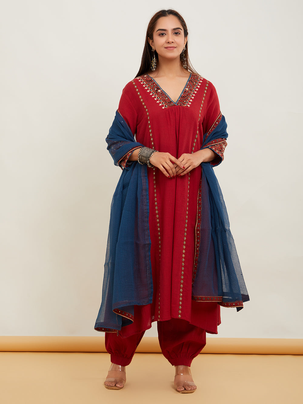 Red Cotton Slub Ajrakh Applique Suitset