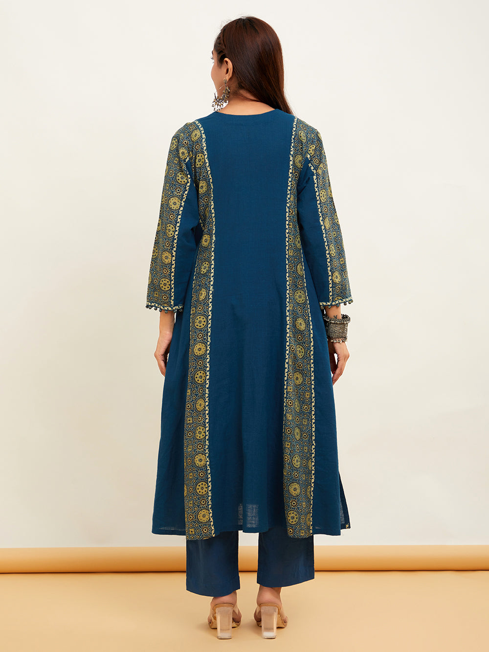 Blue Ajrakh Patch Work Cotton Kurta With Pant-Set of 2