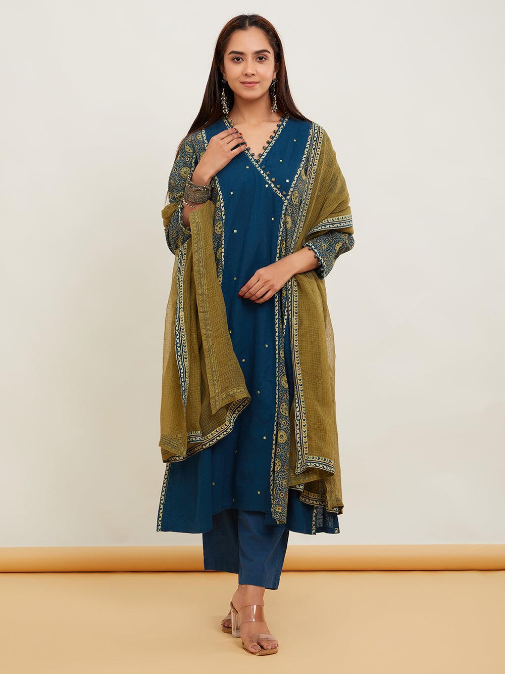 Blue Ajrakh Patch Work Cotton Kurta Suitset