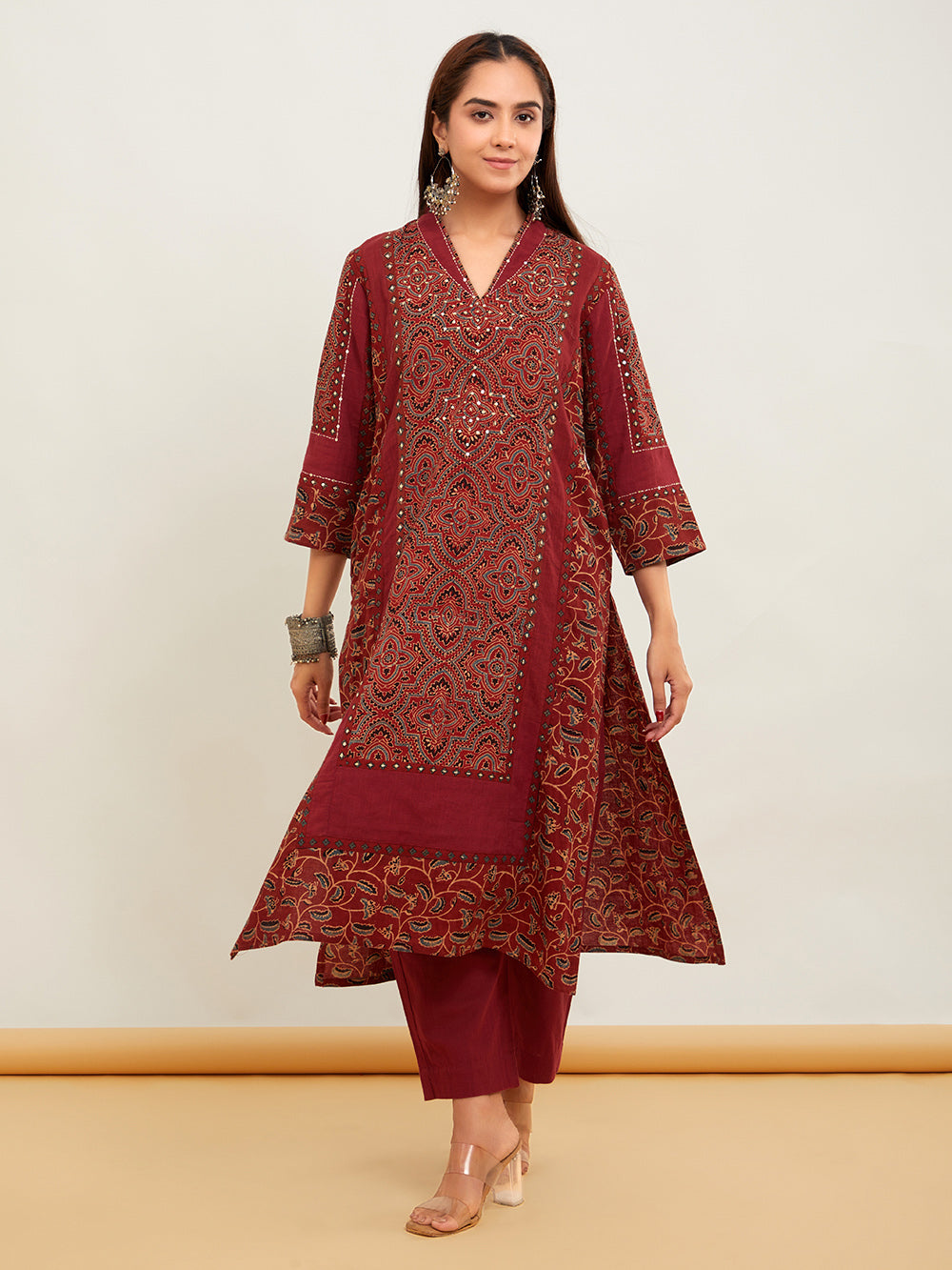 Red Ajrakh Patch Work Cotton Suitset