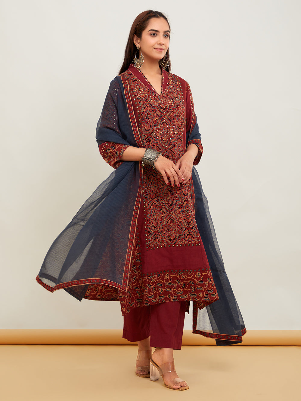 Red Ajrakh Patch Work Cotton Suitset