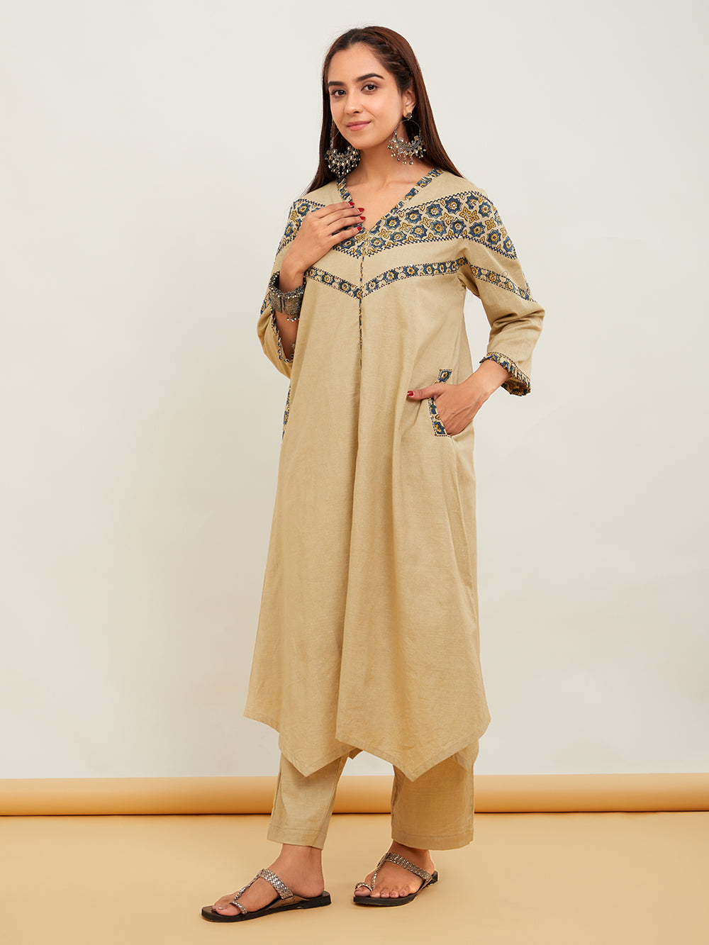 Beige Ajrakh Patch Work Cotton Kurta with Pants- Set of 2
