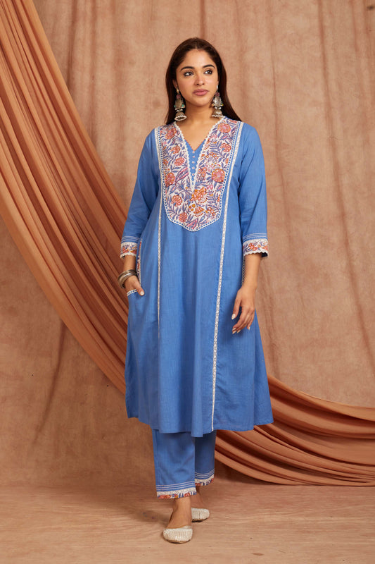 Blue Cotton Slub Floral Applique Kurta and Pant- Set of 2