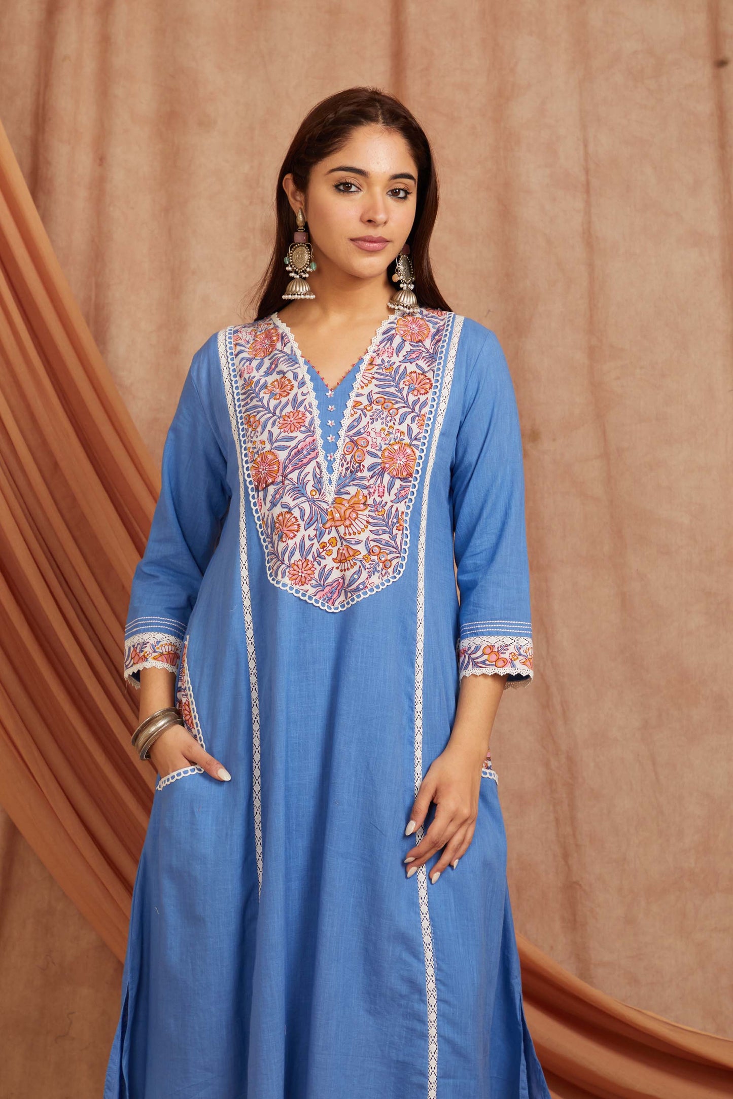 Blue Cotton Slub Floral Applique Kurta and Pant- Set of 2