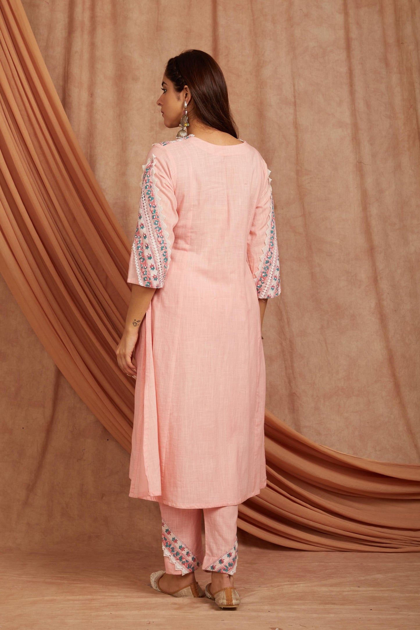 Pink Cotton Slub Printed Suit Set-Set of 3