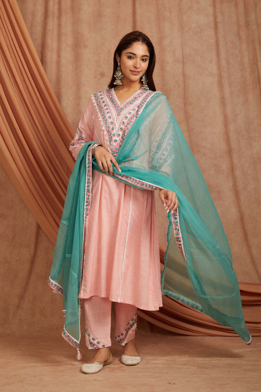 Pink Cotton Slub Printed Suit Set-Set of 3
