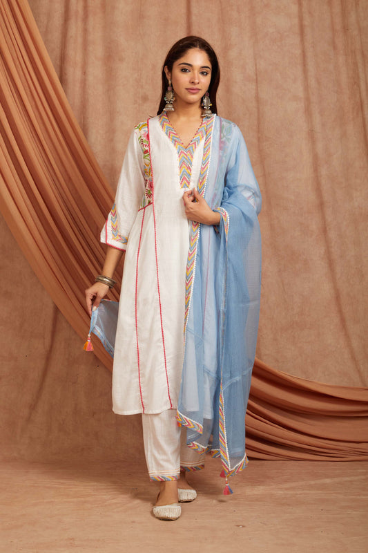 White Cotton Slub Blue Floral Applique Suit Set-Set of 3