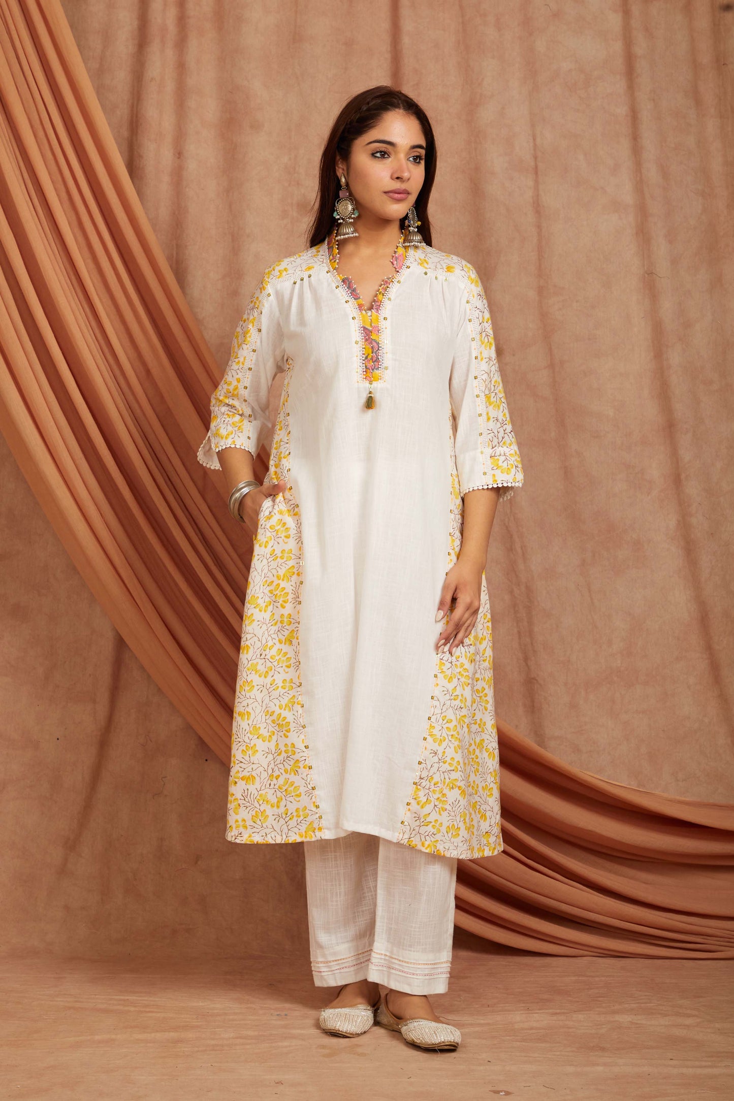 White Printed Cotton Slub Suit Set-Set of 3