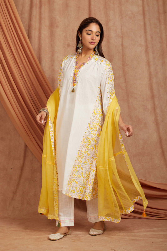 White Printed Cotton Slub Suit Set-Set of 3