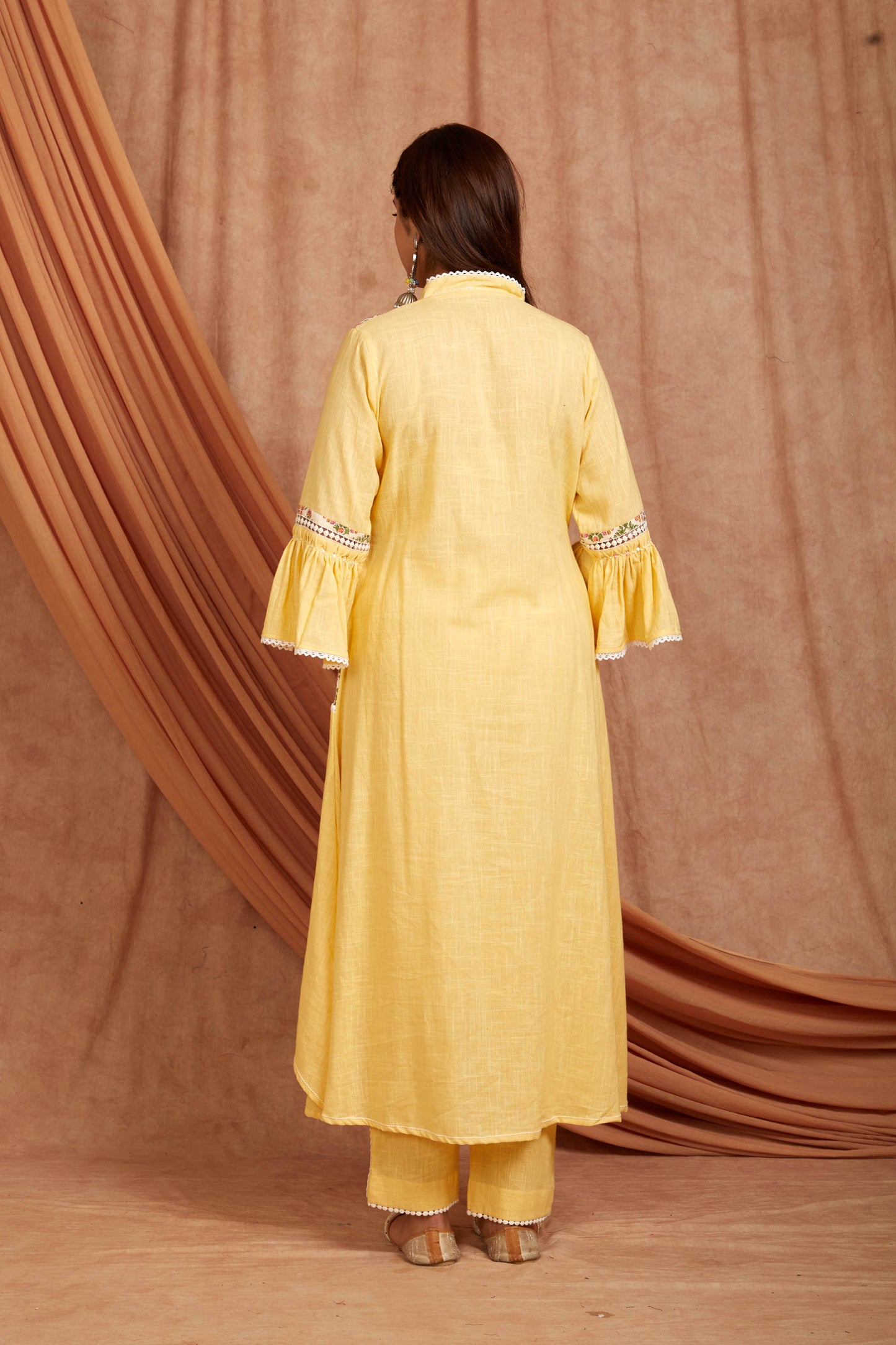 Yellow Cotton Slub Printed Suit Set-Set of 3