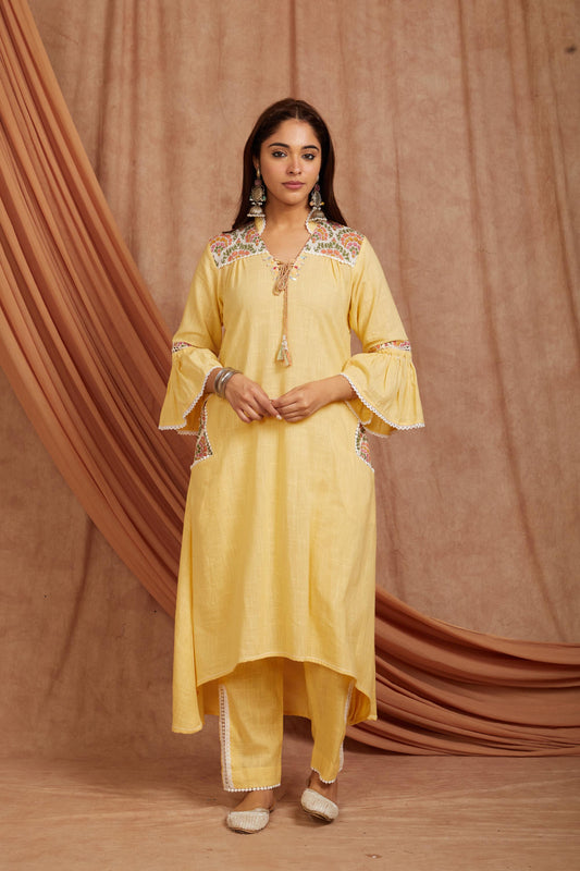 Yellow Cotton Slub Printed Kurta and Pant-Set of 2