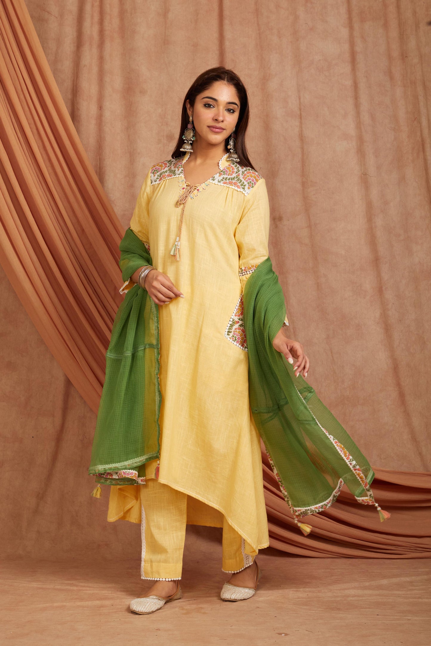 Yellow Cotton Slub Printed Suit Set-Set of 3