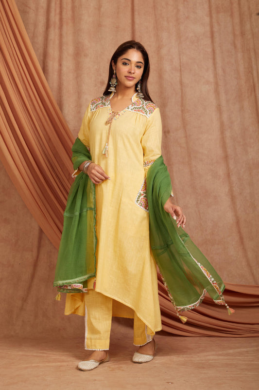 Yellow Cotton Slub Printed Suit Set-Set of 3