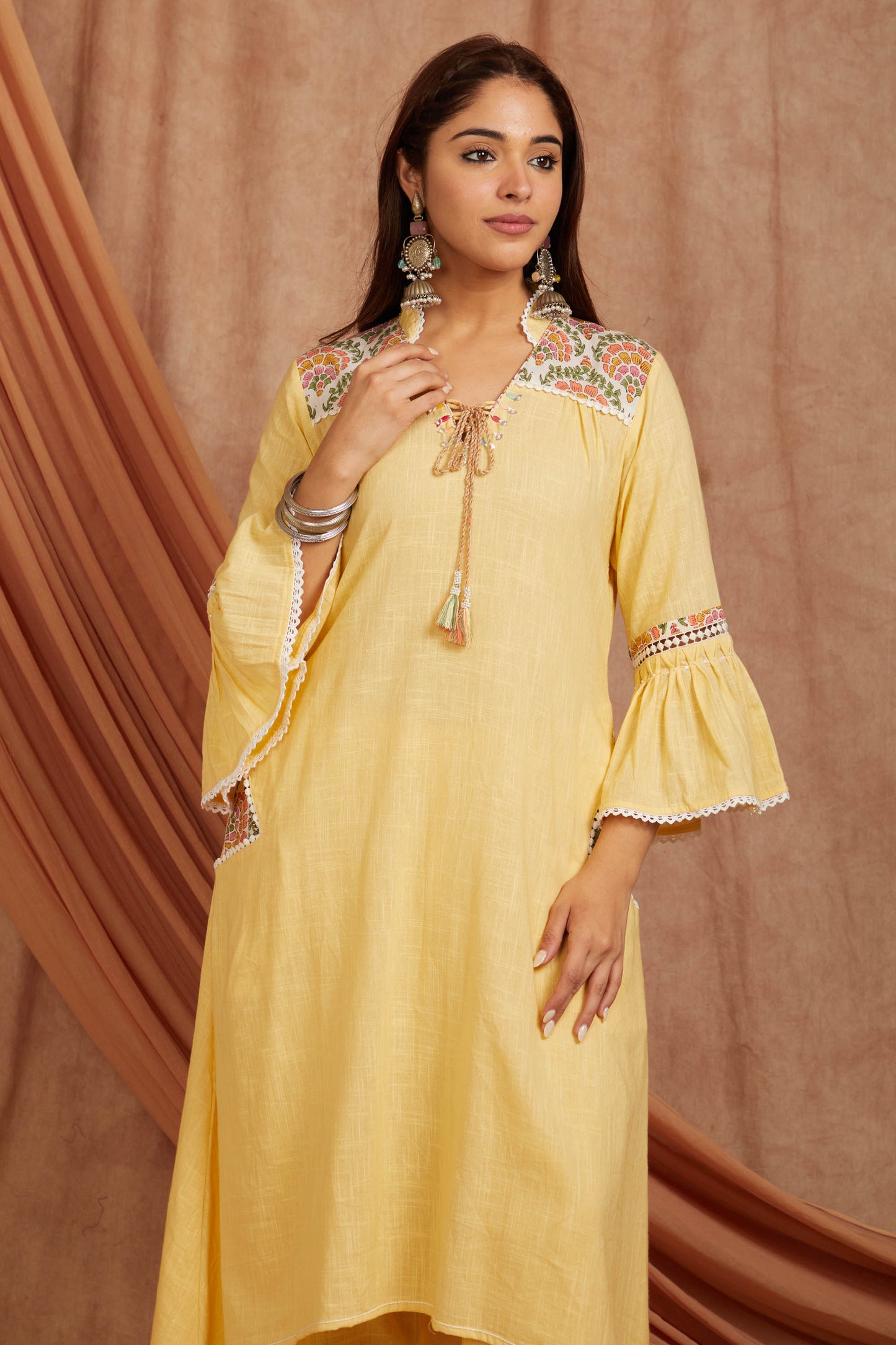 Yellow Cotton Slub Printed Suit Set-Set of 3