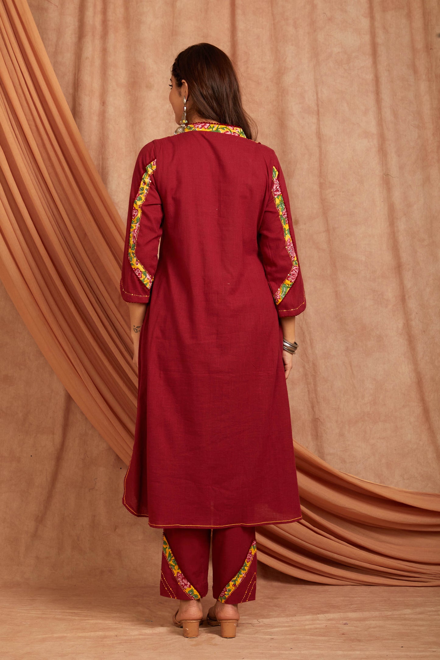 Maroon Cotton Slub Printed Kurta And Pant-Set of 2