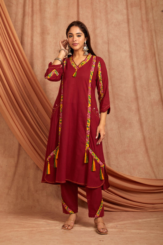 Maroon Cotton Slub Printed Kurta And Pant-Set of 2