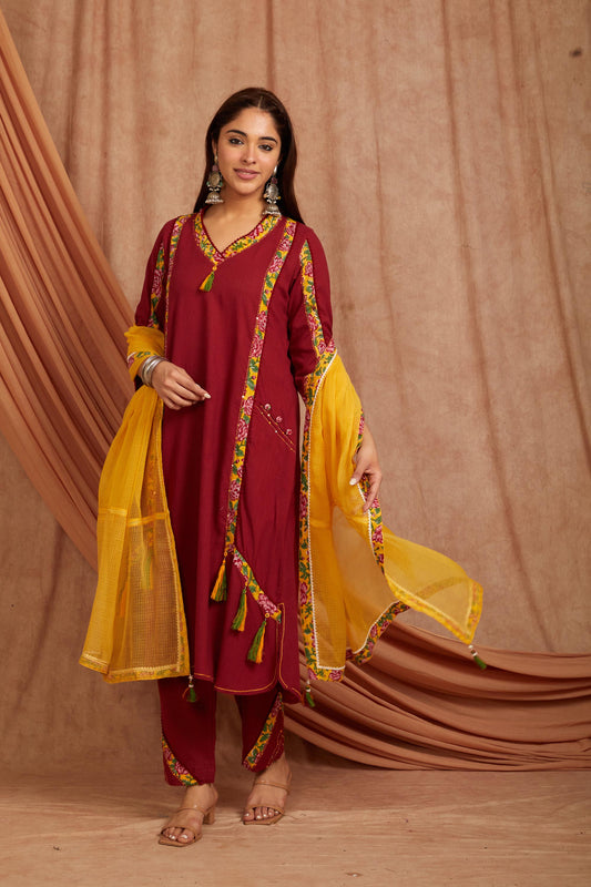 Maroon Cotton Slub Printed Suit Set-Set of 3