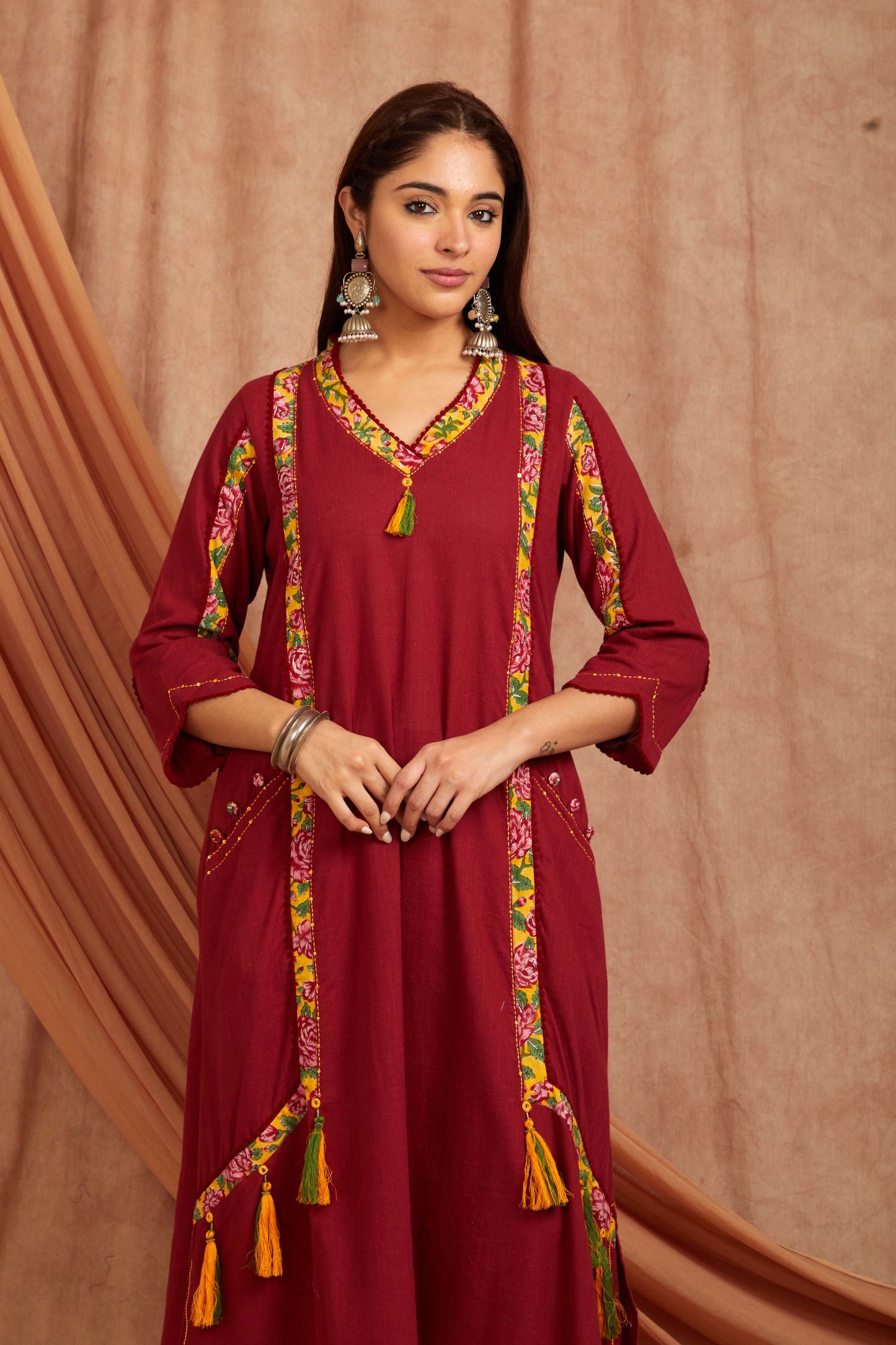 Maroon Cotton Slub Printed Kurta And Pant-Set of 2