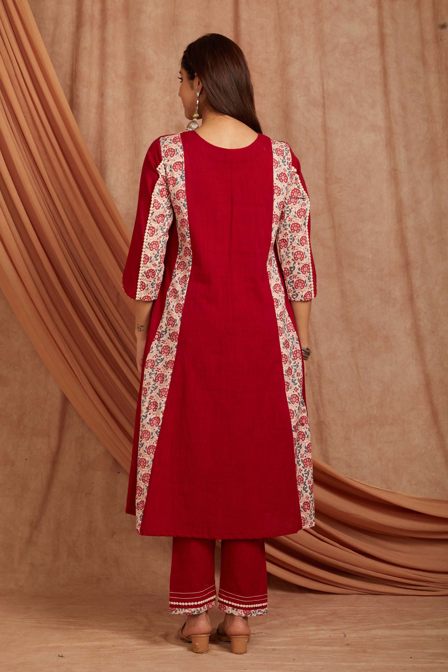 Red Cotton Slub Floral Printed Kurta And Pant-Set of 2