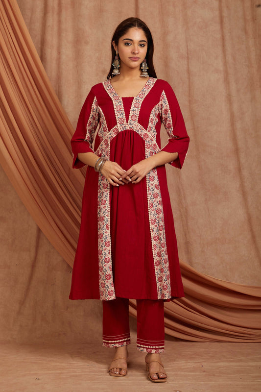 Red Cotton Slub Floral Printed Kurta And Pant-Set of 2