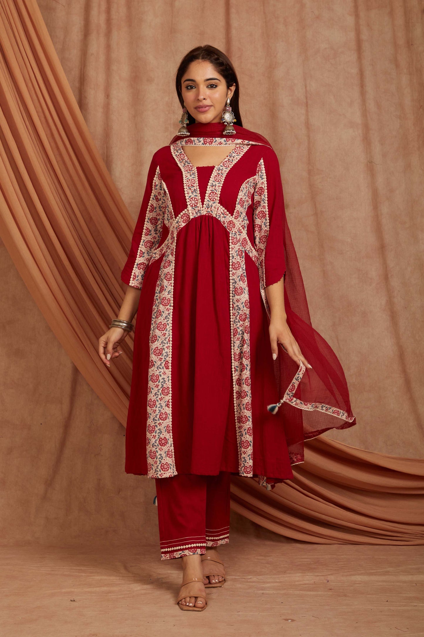 Red Cotton Slub Floral Printed Suit Set-Set of 3